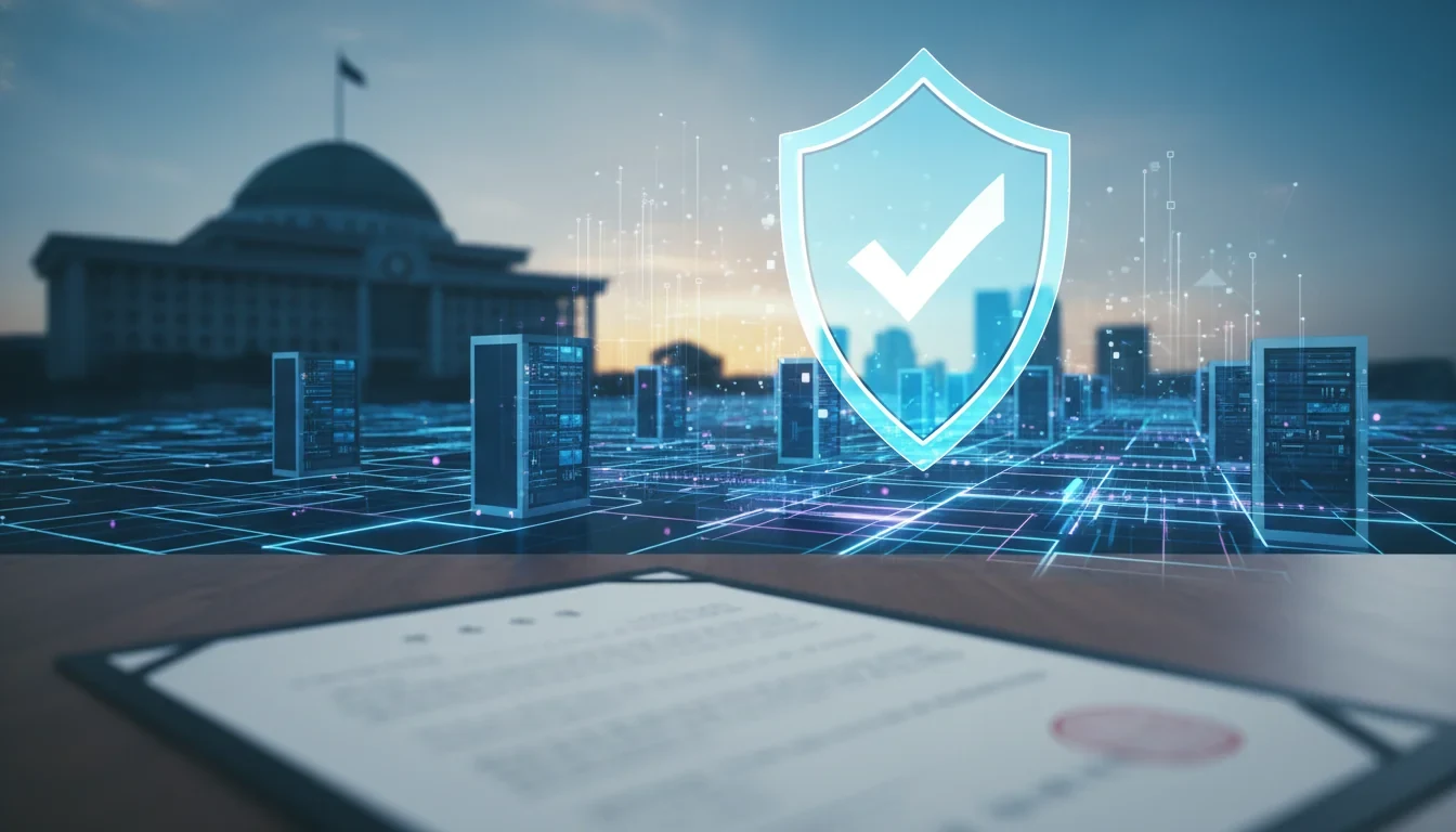 정보보호 관리체계 인증을 상징하는 디지털 보안 방패와 네트워크 연결망 위에 법률 문서가 놓인 장면