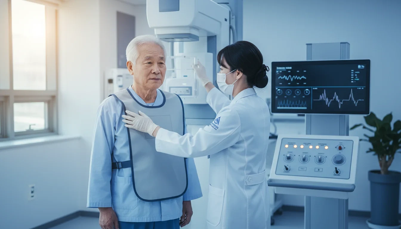 병원에서 흉부 엑스레이 검진을 받고 있는 고령 환자와 의료진의 모습