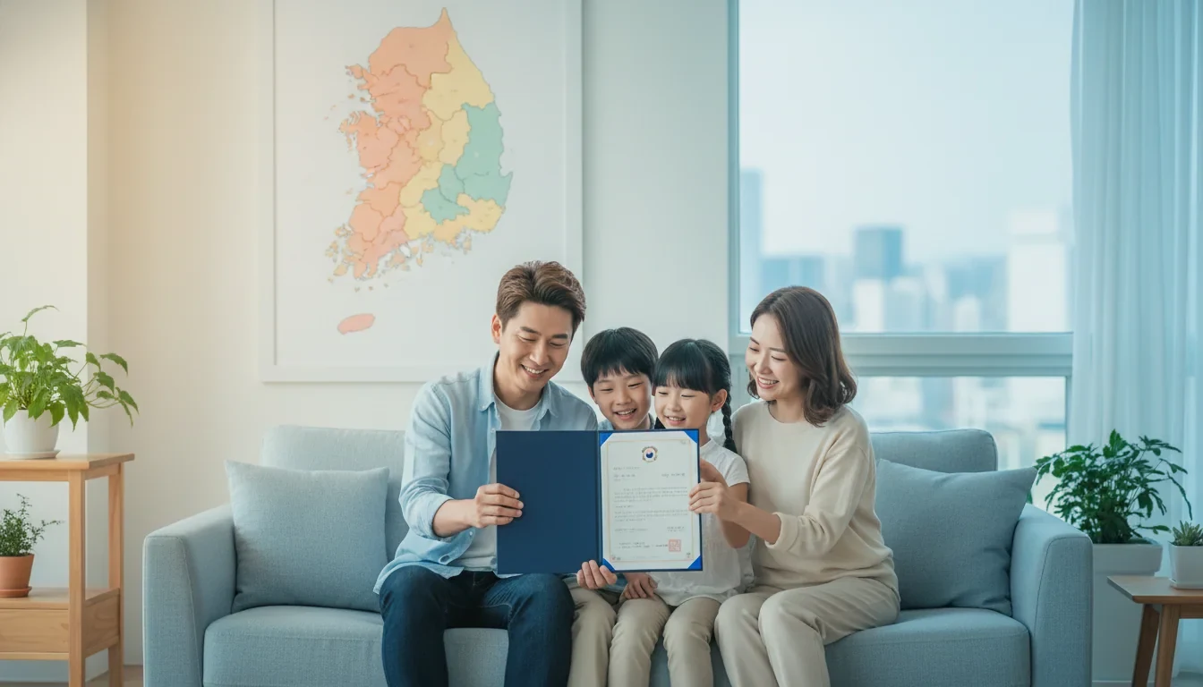 어린이가 부모와 함께 아동수당 안내문을 살펴보는 모습과 지역별 차등 지급 금액표