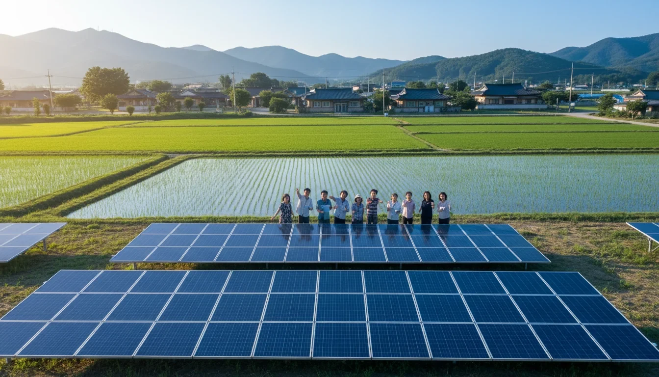 농촌 마을 유휴 부지에 설치된 태양광 패널과 주민 협동조합 관계자들이 함께 모여 있는 모습