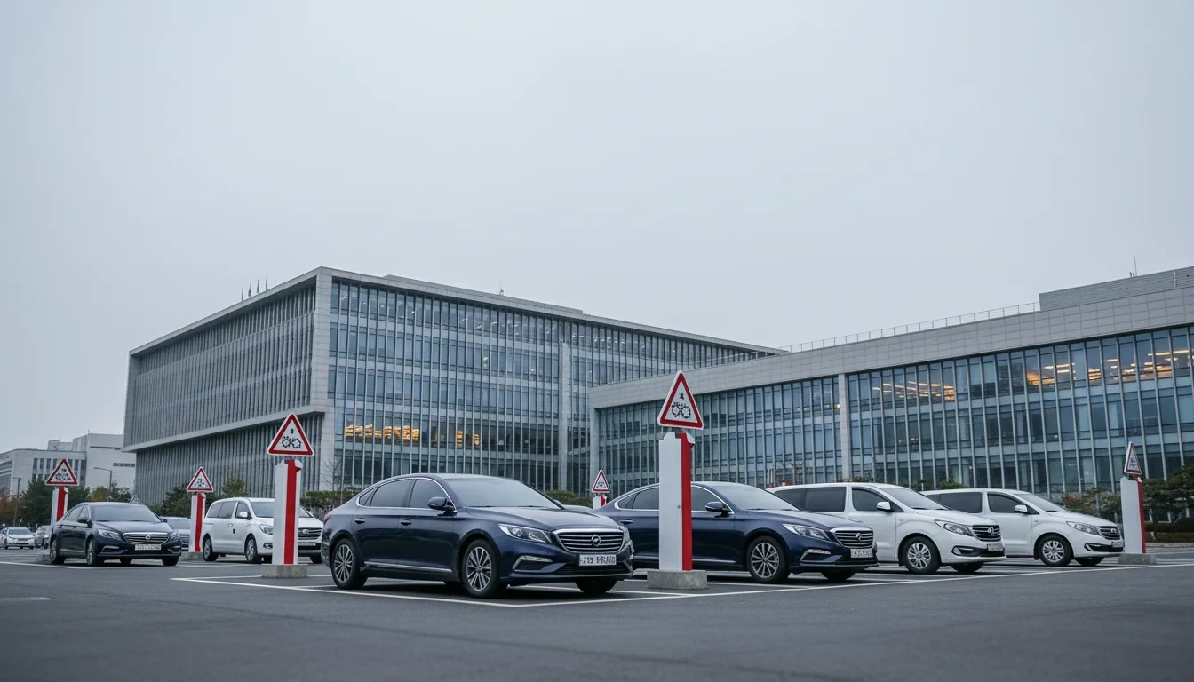 정부청사 주차장에서 번호판 끝자리에 따라 운행이 제한된 공용 차량들이 주차되어 있는 모습