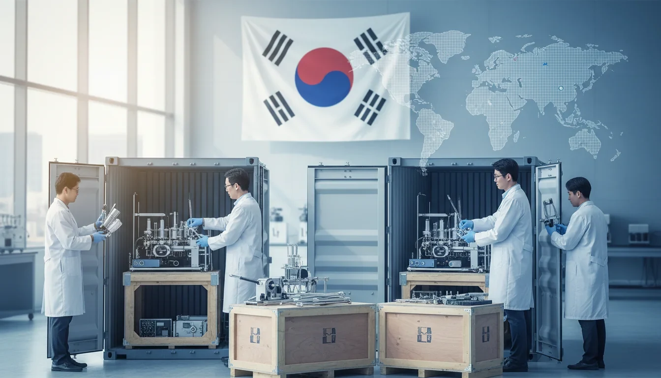 국산 과학기술 장비가 해외 수출을 위해 항만 컨테이너 터미널에서 선적되고 있는 모습