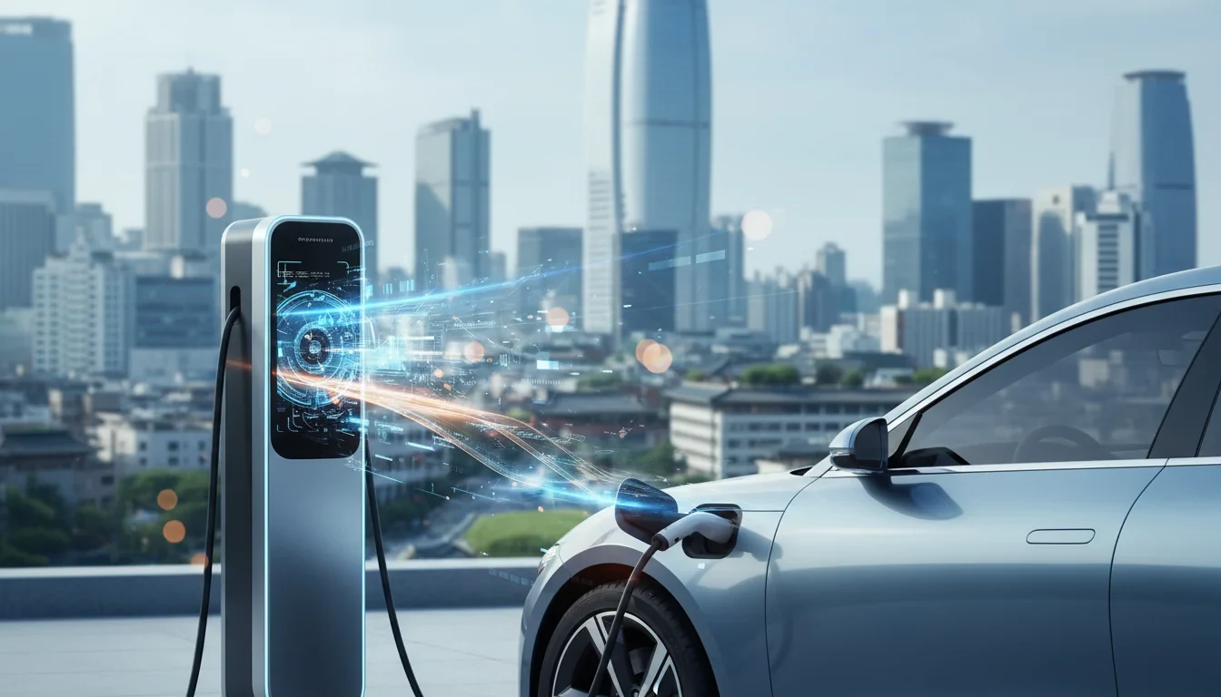 전기차 충전소에서 충전 커넥터를 꽂자 디스플레이에 자동 인증 완료와 결제 처리 중 메시지가 표시되는 장면