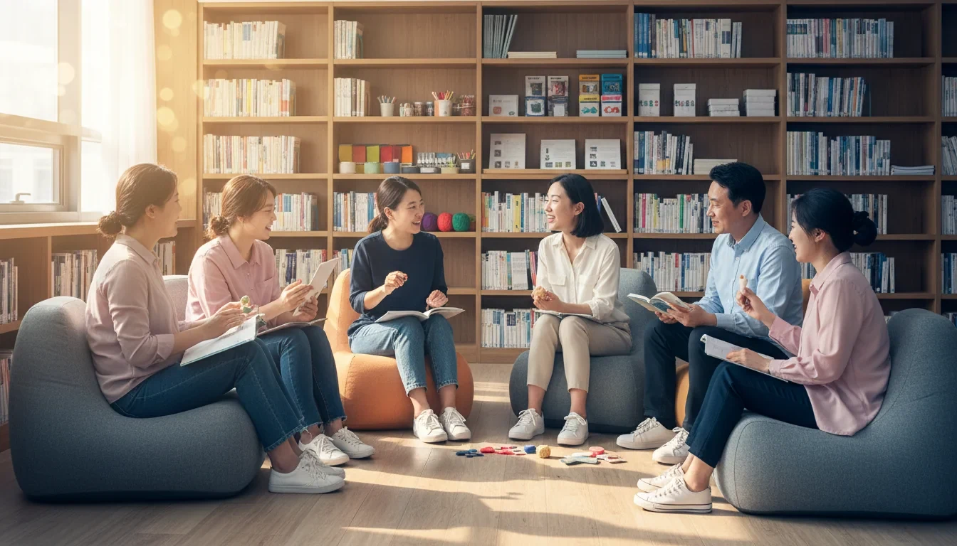 공공도서관 내부에서 시민들이 둘러앉아 문화예술 동아리 활동을 하고 있는 모습