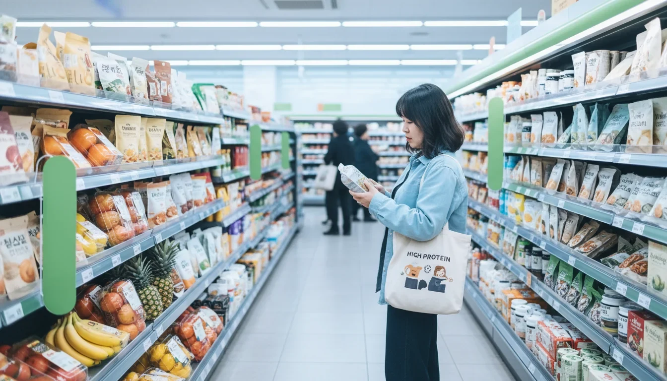 편의점 진열대에 초록색 튼튼먹거리 쇼카드가 부착된 저당·고단백 건강식품이 진열되어 있는 모습