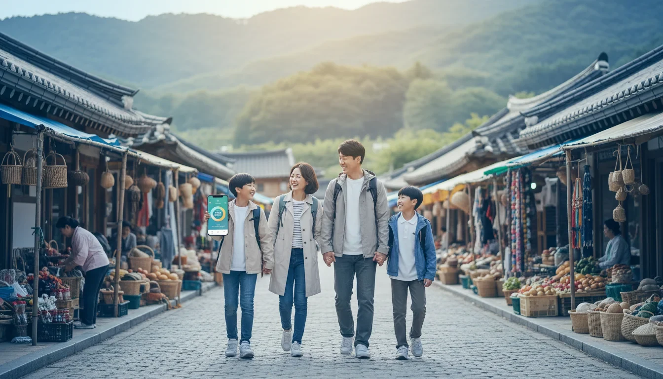 인구감소지역 소도시 거리에서 모바일 지역화폐 앱으로 결제하는 여행자의 모습