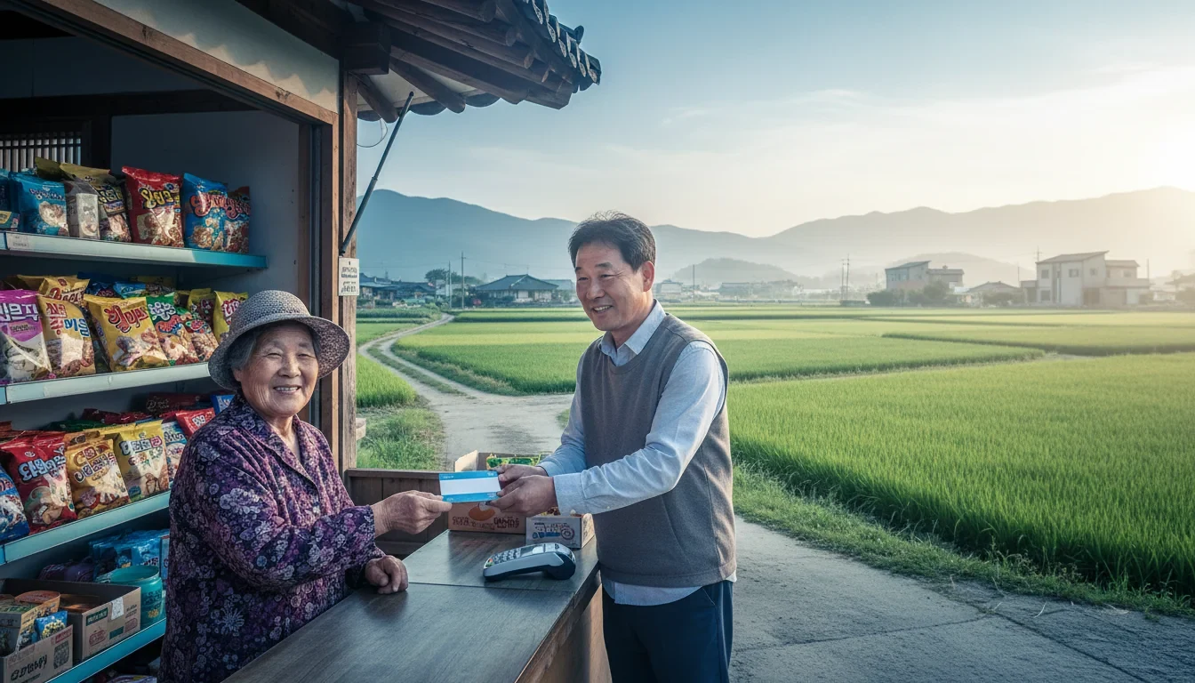 농어촌 마을 주민이 지역 가맹점에서 기본소득 카드로 결제하는 모습