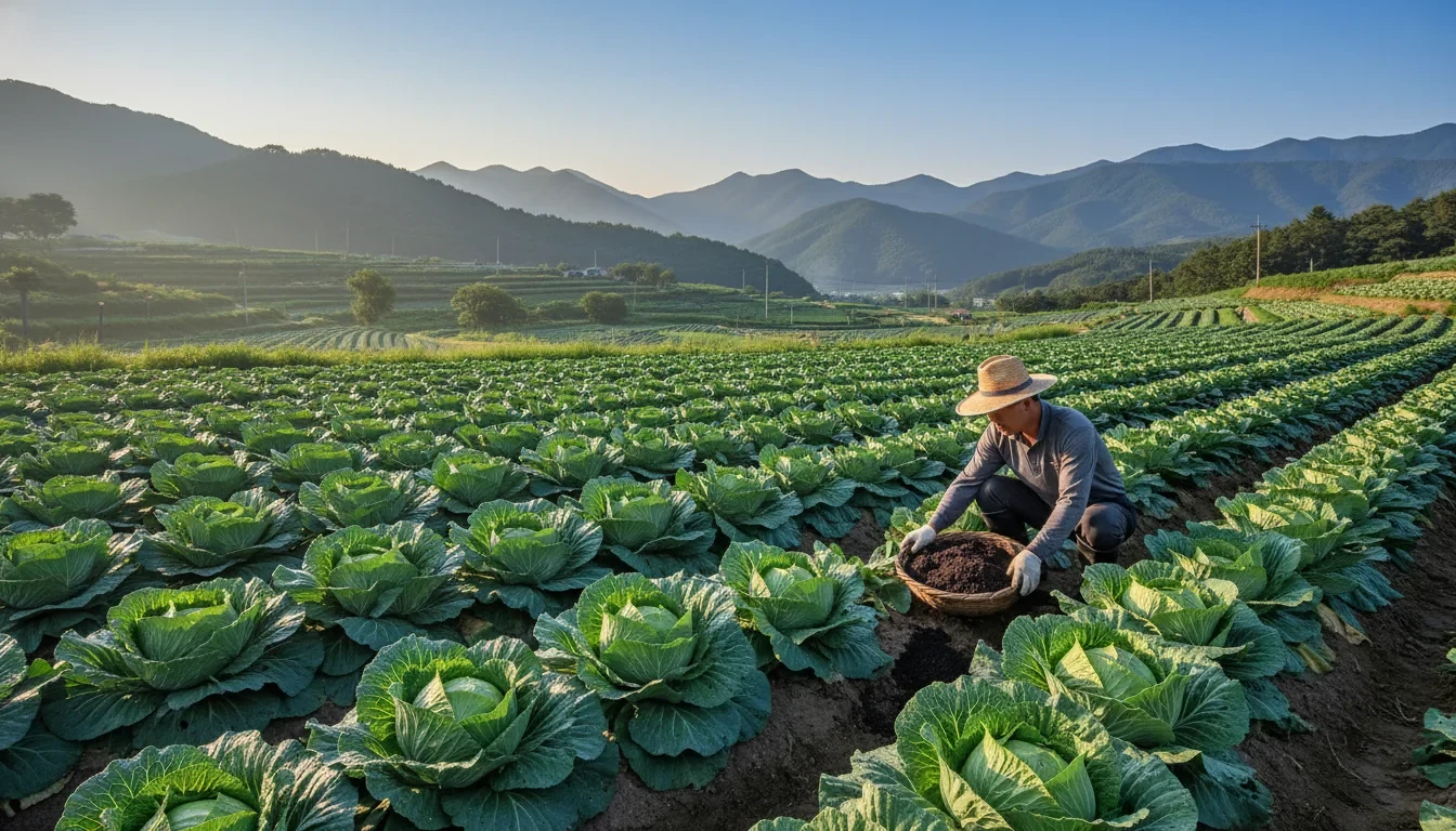 고랭지 배추밭에서 토양훈증제와 미생물퇴비를 처리하여 반쪽시들음병을 방제하는 농가 현장
