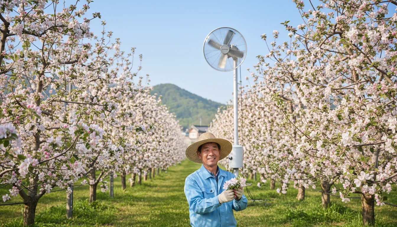 봄철 사과나무에 분홍빛 꽃이 활짝 핀 과수원 풍경과 저온 대비 방상 팬이 설치된 모습