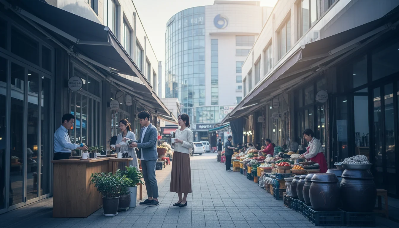 지역 상권에서 로컬 창업가들이 앵커기업을 중심으로 상점을 운영하며 활기찬 골목 상권을 형성하고 있는 모습