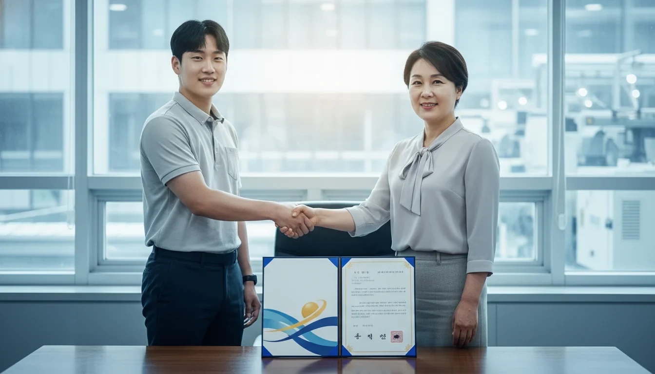 중소기업 사무실에서 육아휴직 대체인력이 업무를 인수인계받으며 근무하는 모습