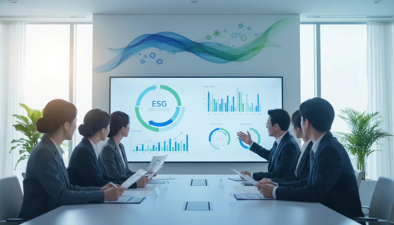 산업통상부 지속가능경영 종합시책 발표 현장에서 중소기업 관계자들이 ESG 공급망 실사 컨설팅 자료를 살펴보는 모습