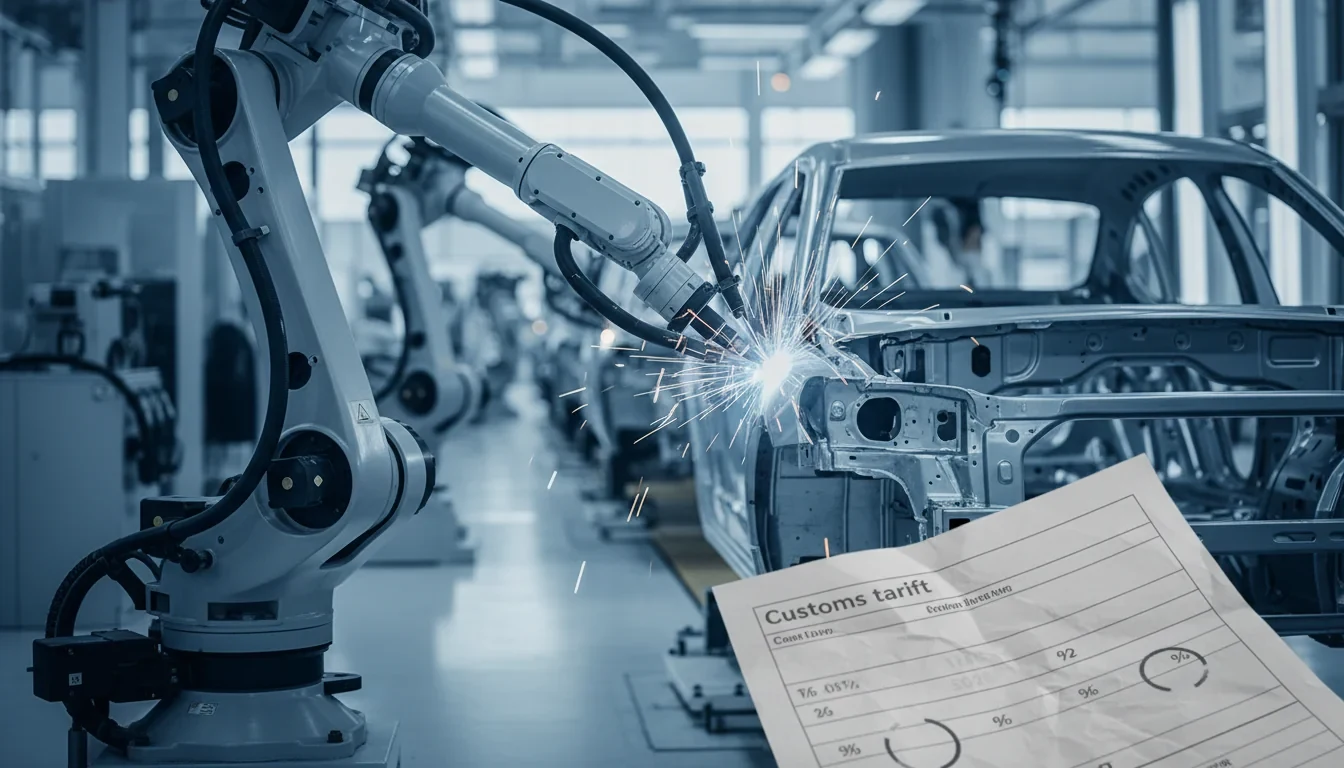 산업용 수직다관절 로봇팔이 자동차 조립 라인에서 용접 작업을 수행하는 공장 내부 모습