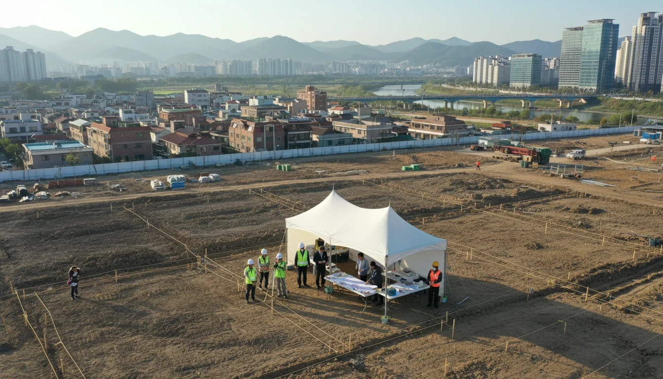 광명시흥지구 택지개발 예정지의 토지보상 절차를 안내하는 국토교통부 관계자와 토지 소유자들이 서류를 검토하는 모습
