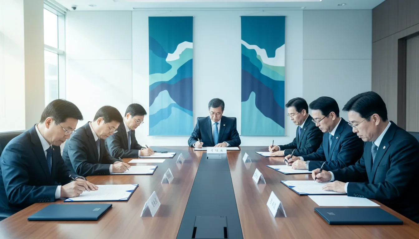 정부 관계자와 7개 유관기관 대표들이 소상공인 복합지원 업무협약서에 서명하는 모습