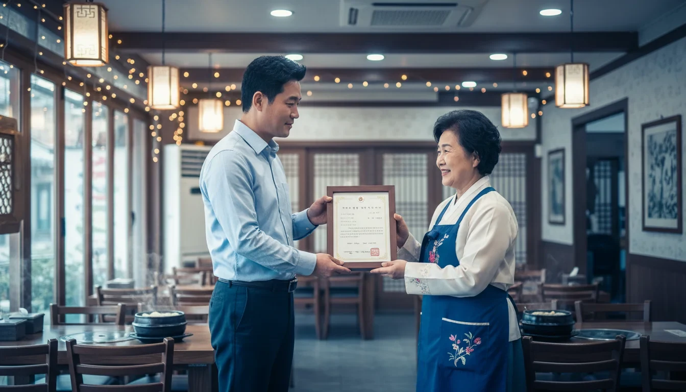 부모가 오랫동안 운영한 음식점 앞에서 자녀에게 사업체 열쇠를 건네며 가업승계를 상징하는 장면