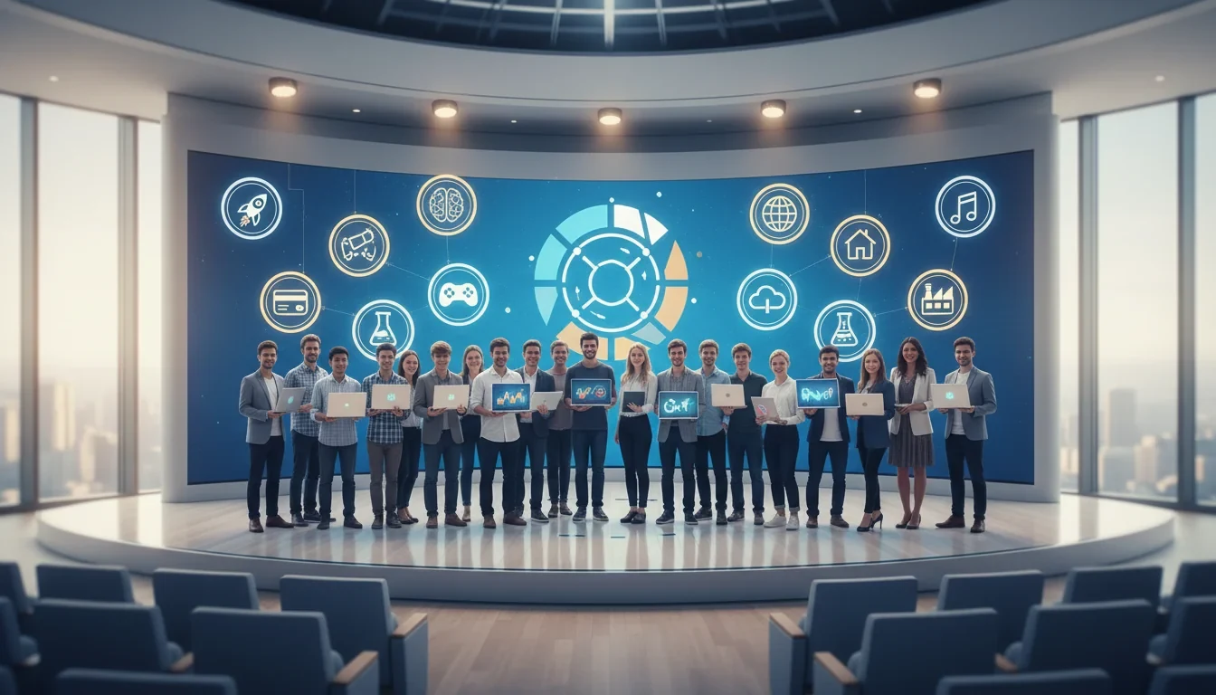 K-스타트업 2026 공모전 통합공고 안내 포스터와 12개 리그 분야를 나타내는 아이콘들이 배치된 장면