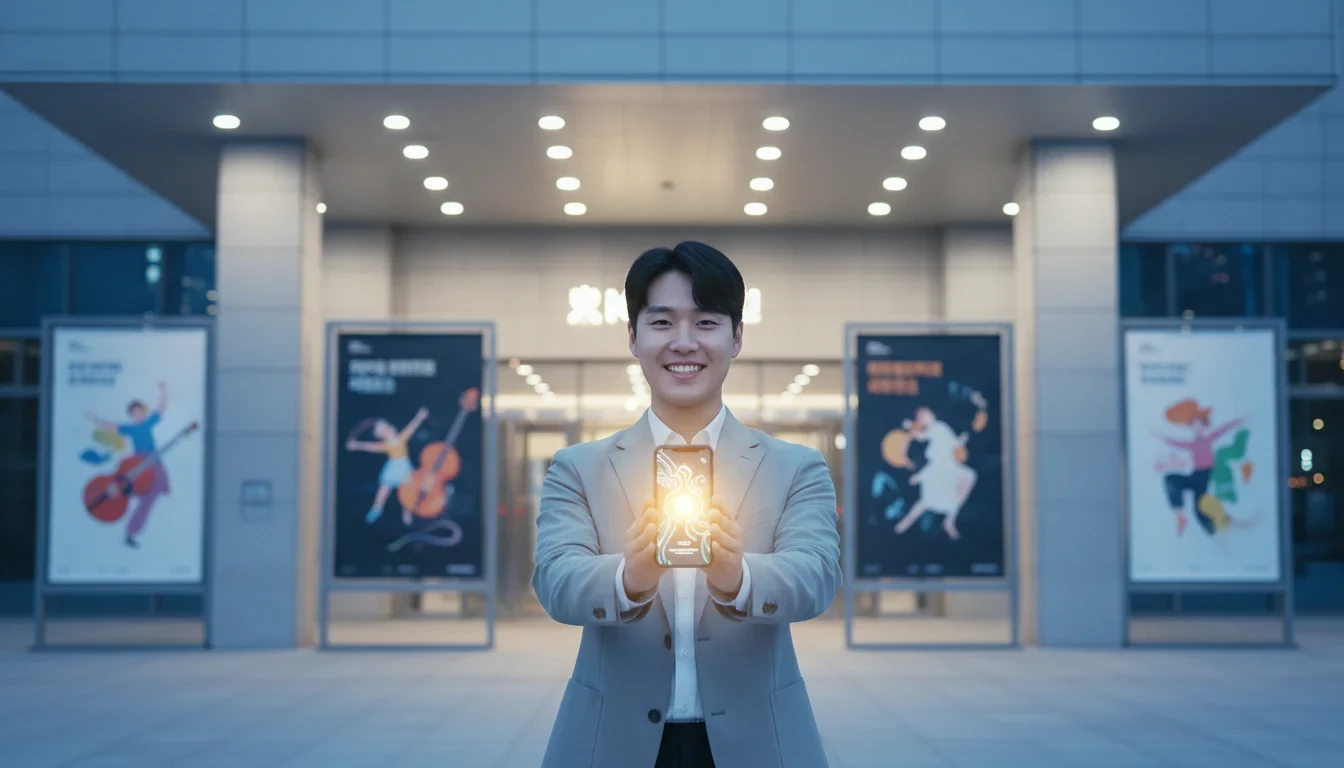 청년이 스마트폰으로 문화예술패스를 발급받아 공연장 입구에서 티켓을 확인하는 모습