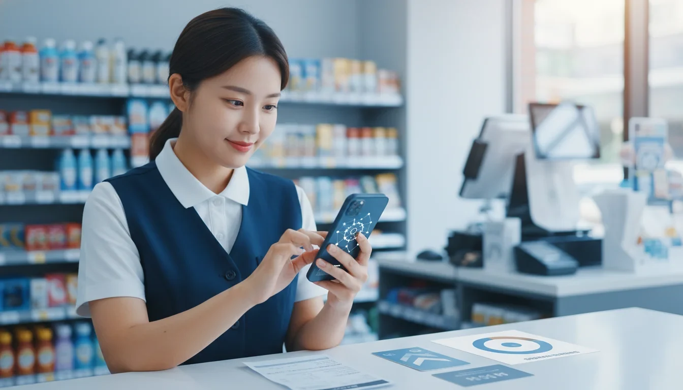 편의점에서 근무하는 아르바이트생이 스마트폰으로 고용노동부 AI 노동법 상담 서비스에 접속해 수습기간 임금 관련 상담을 받는 모습