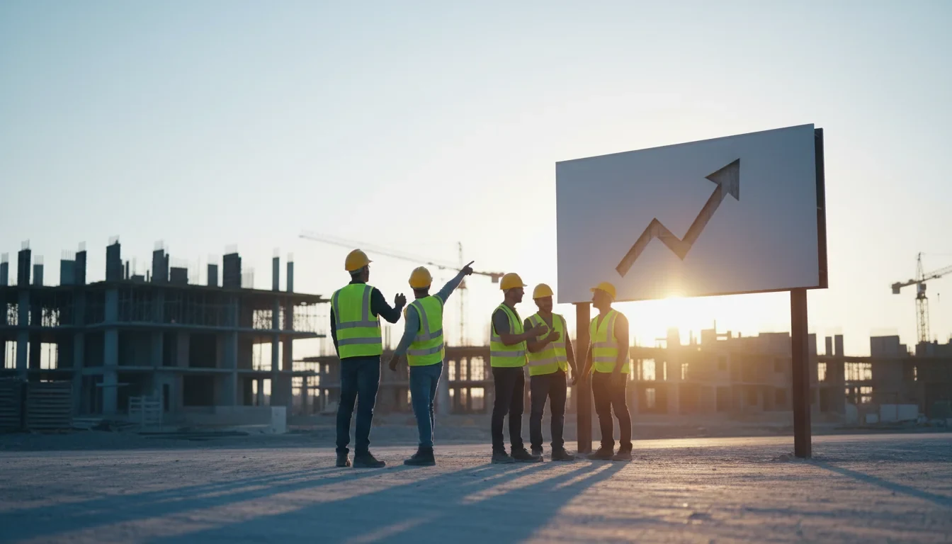 건설 현장에서 안전모를 쓴 일용직 노동자가 퇴직공제부금 인상 안내문을 확인하는 모습