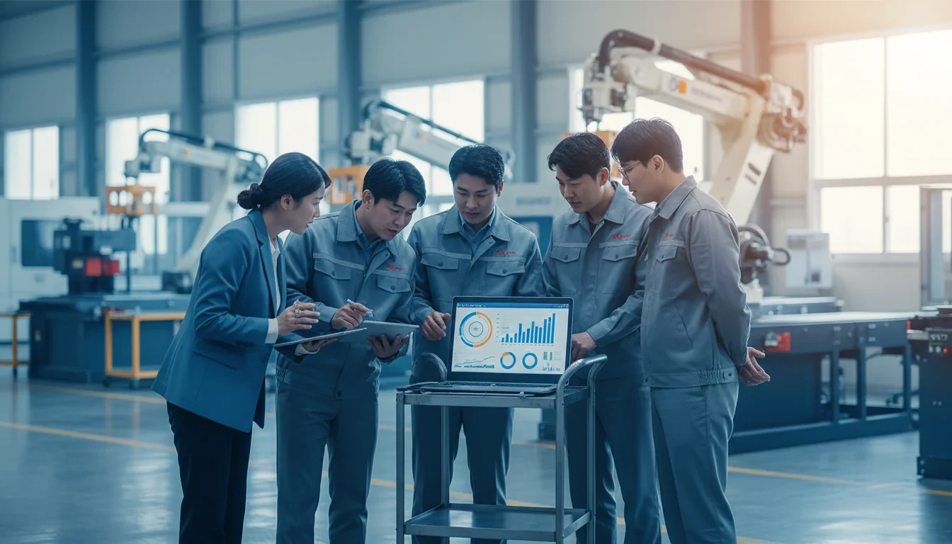 AI훈련코치가 중소기업 제조 현장을 방문하여 직원들에게 AI 활용 교육을 진행하는 모습