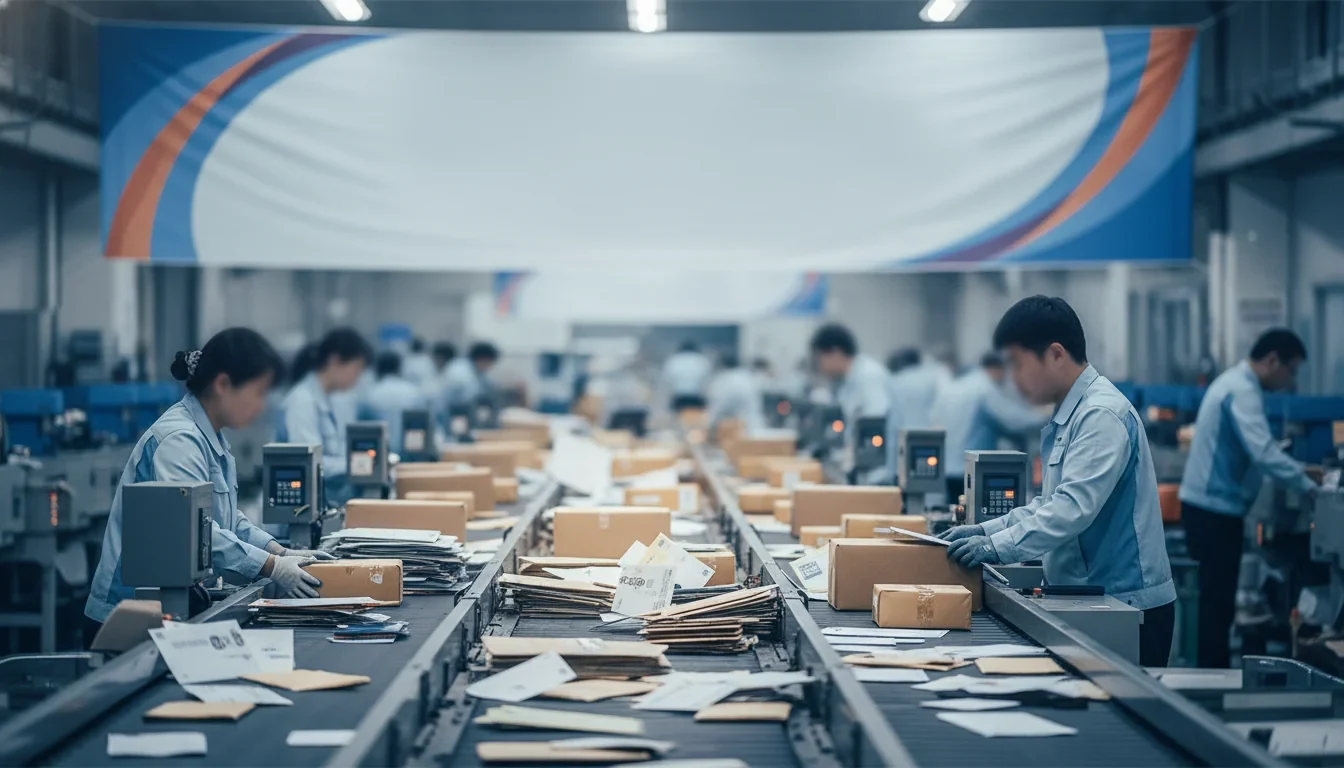 공공기관 우편발송 시설에서 대량 우편물이 중소기업 위탁 전환을 위해 분류되고 있는 모습
