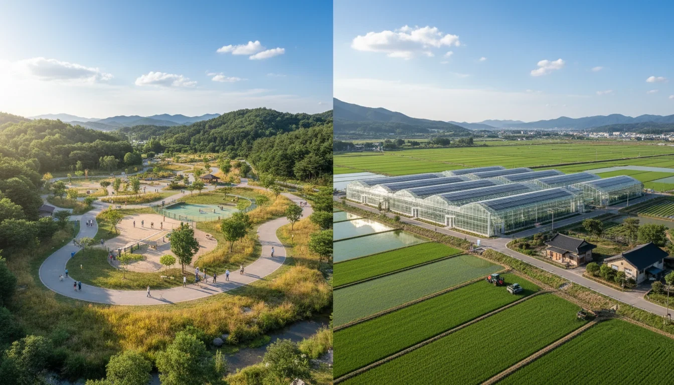 합천군 반려동물 테마파크와 남원시 스마트팜 단지가 조성된 농촌 풍경