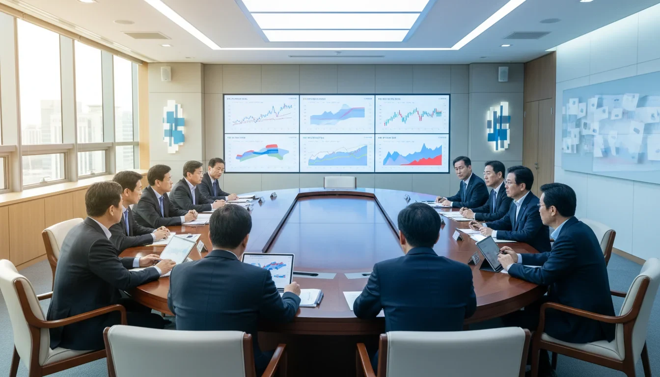 정부서울청사 회의실에서 국무총리가 비상경제본부 회의를 주재하며 5개 실무대응반 관계자들이 경제 위기 대응 방안을 논의하는 모습