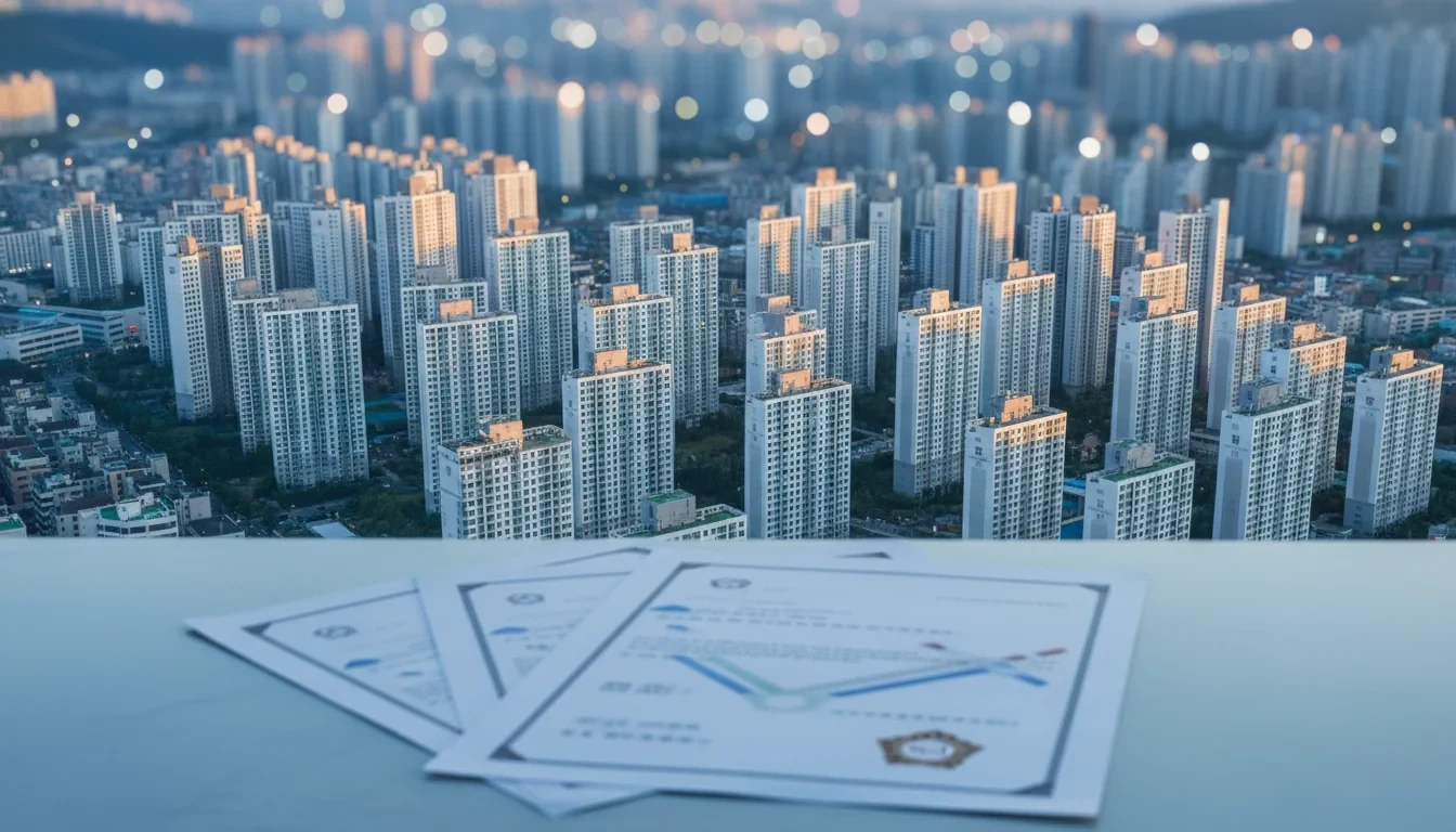 서울 강남 아파트 단지를 배경으로 국세청 세무조사 서류를 검토하는 장면