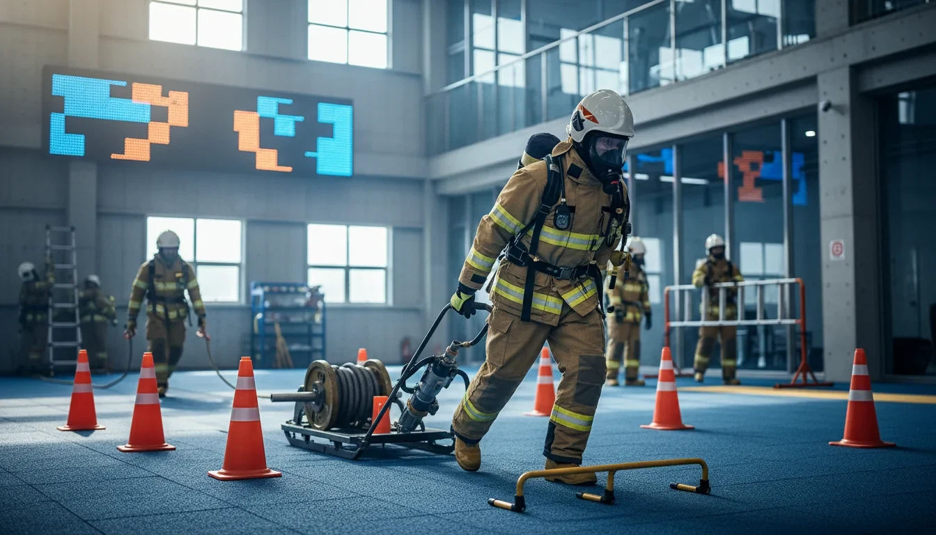 소방관이 순환식 체력시험 코스에서 장비를 끌고 오르며 연속 과정을 수행하는 훈련 현장