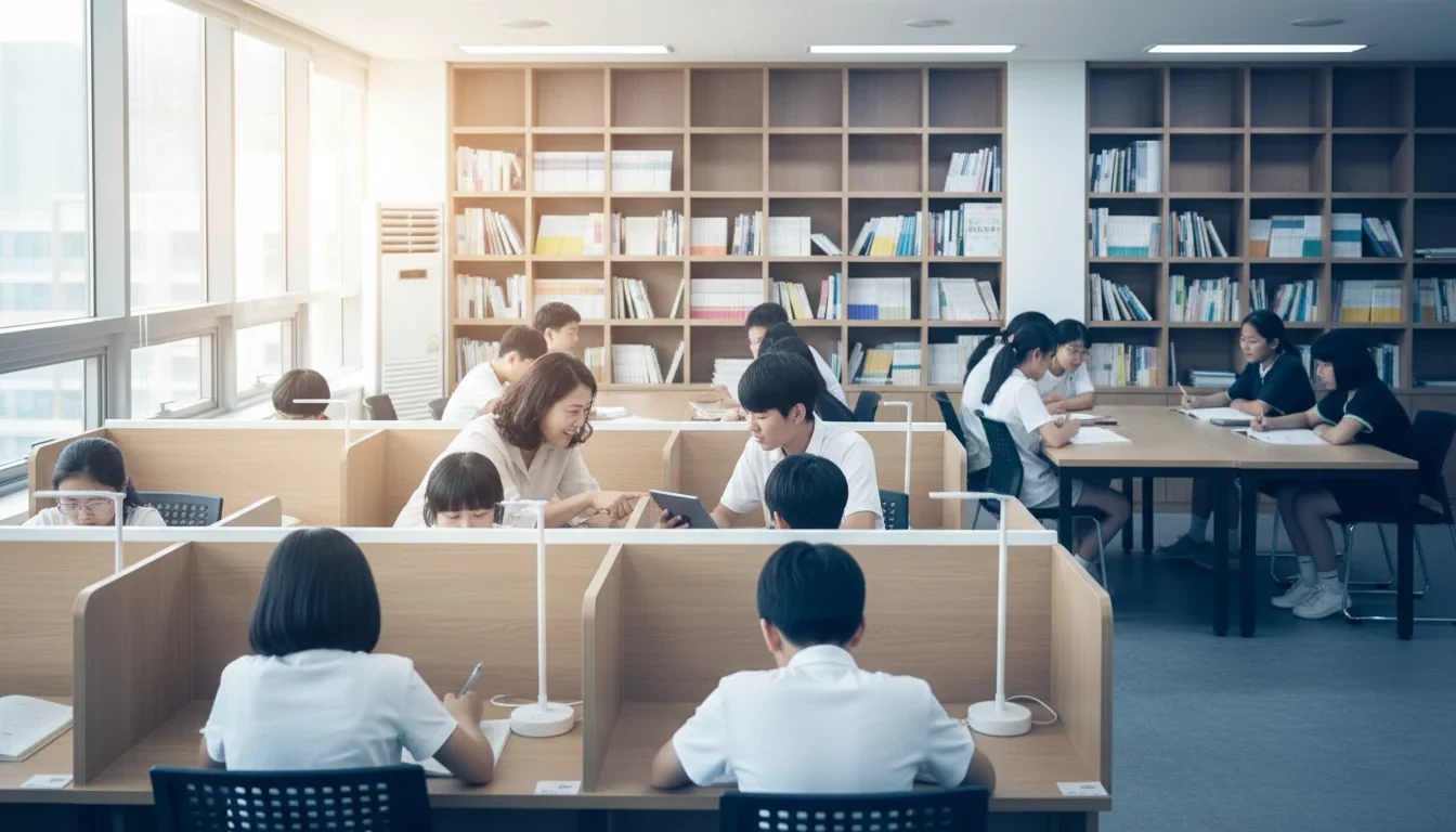 자기주도 학습센터에서 중고등학생들이 개별 열람실과 모둠 학습공간에서 공부하는 모습