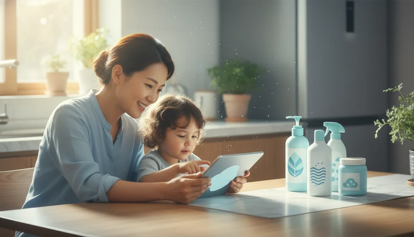 보호자가 어린이와 함께 환경보건이용권 온라인 신청 화면을 확인하는 모습