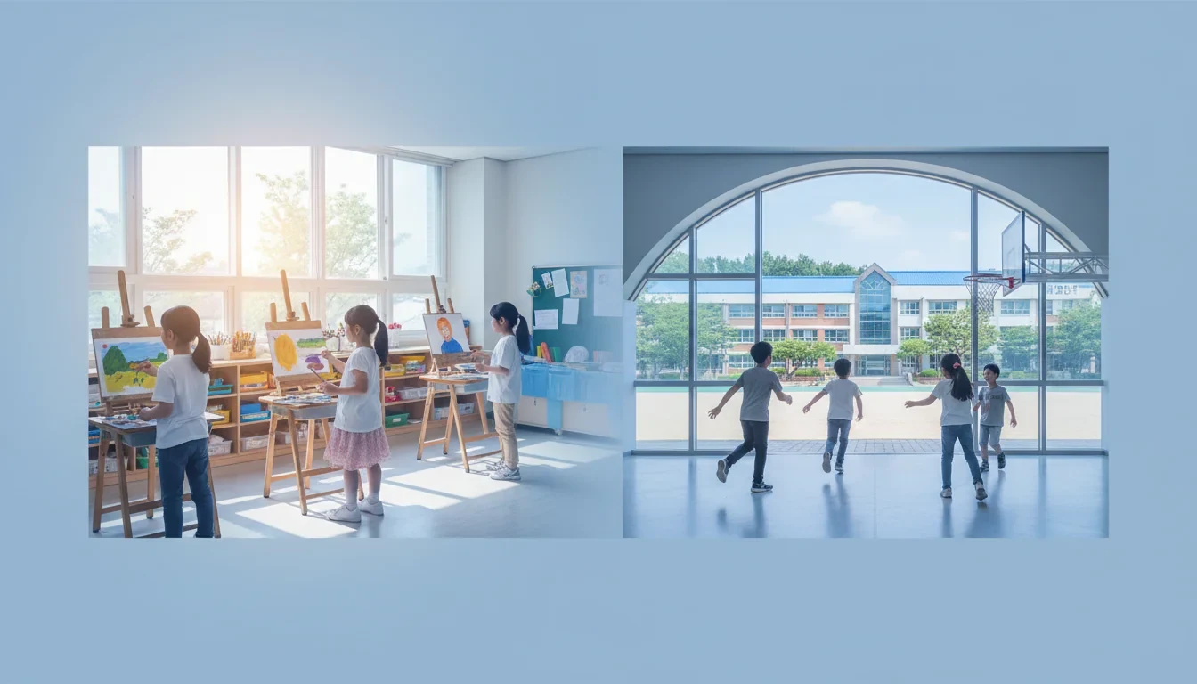 방과후 교실에서 예술동아리와 스포츠클럽 활동에 참여하는 초등학생들의 모습