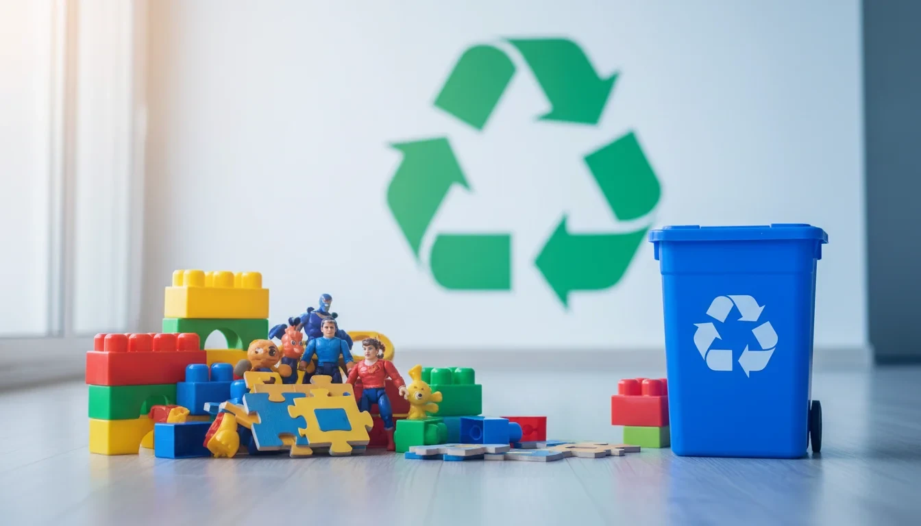 플라스틱 블록과 인형 등 다양한 장난감이 분리배출함 앞에 놓여 있는 모습