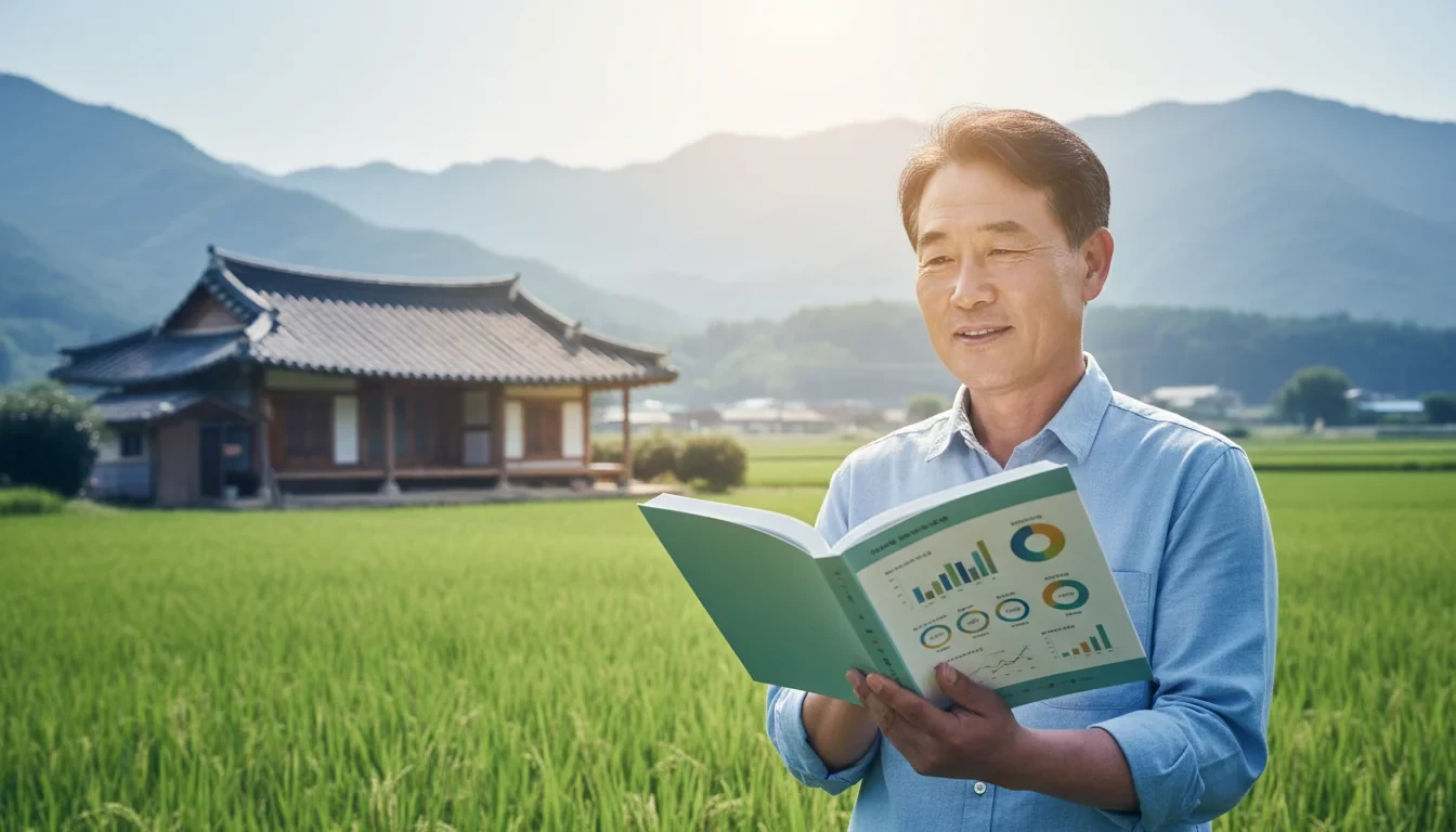 농업인이 논밭 앞에서 세금 감면 안내 책자를 펼쳐 보며 절세 혜택을 확인하는 모습