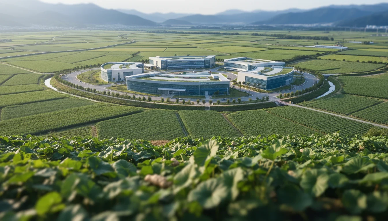 경상북도와 전라남도 지역 특산물을 활용한 식품융합클러스터 조감도와 공유공장 시설 전경