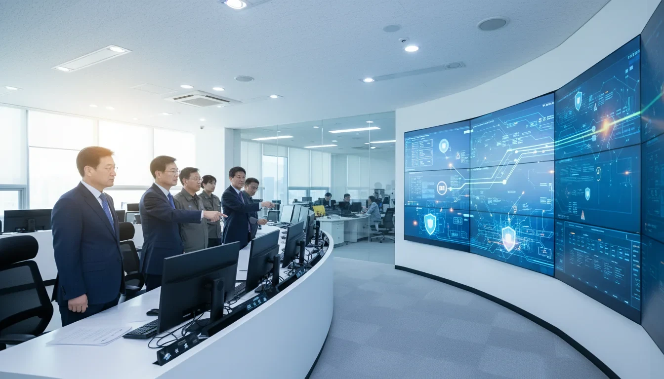 사이버 보안 모의훈련에 참여하는 기업 보안 담당자들이 모니터 화면에 표시된 해킹 공격 시뮬레이션을 분석하는 모습