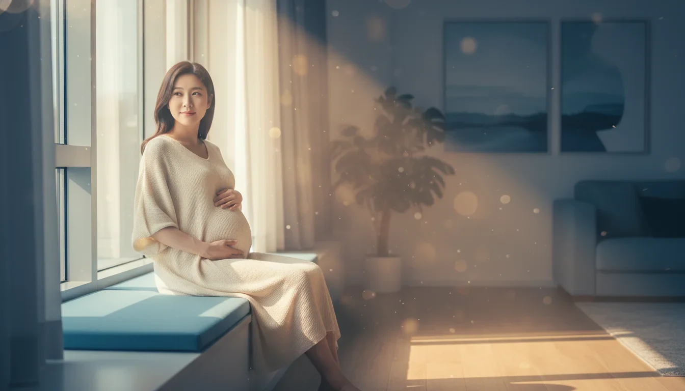 임산부가 햇빛 아래에서 산책하며 비타민D를 보충하는 모습과 건강하게 웃는 아기