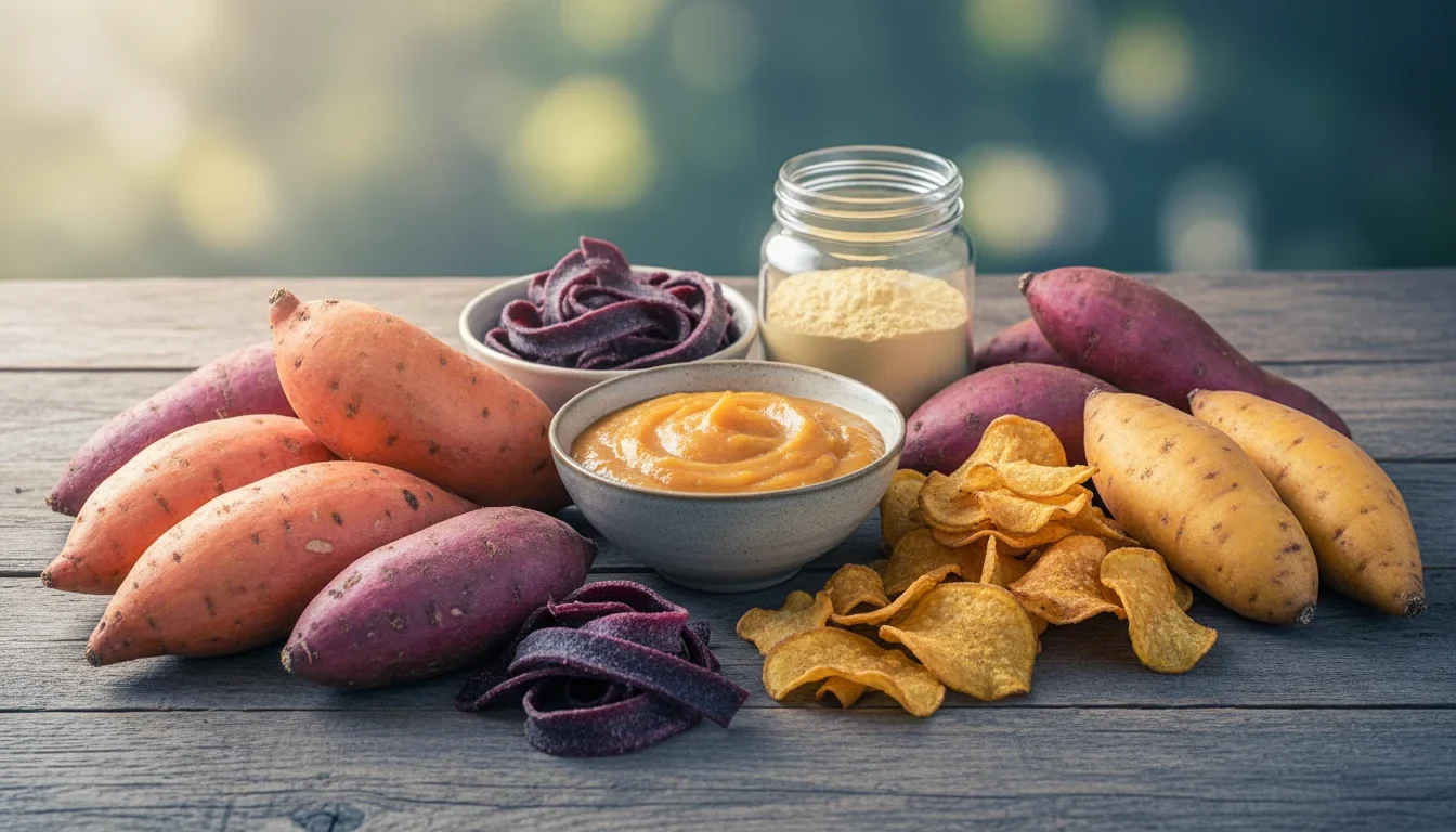 농촌진흥청에서 분석한 고구마 11개 품종이 페이스트, 말랭이, 분말, 칩 등 가공 제품별로 분류되어 진열된 모습