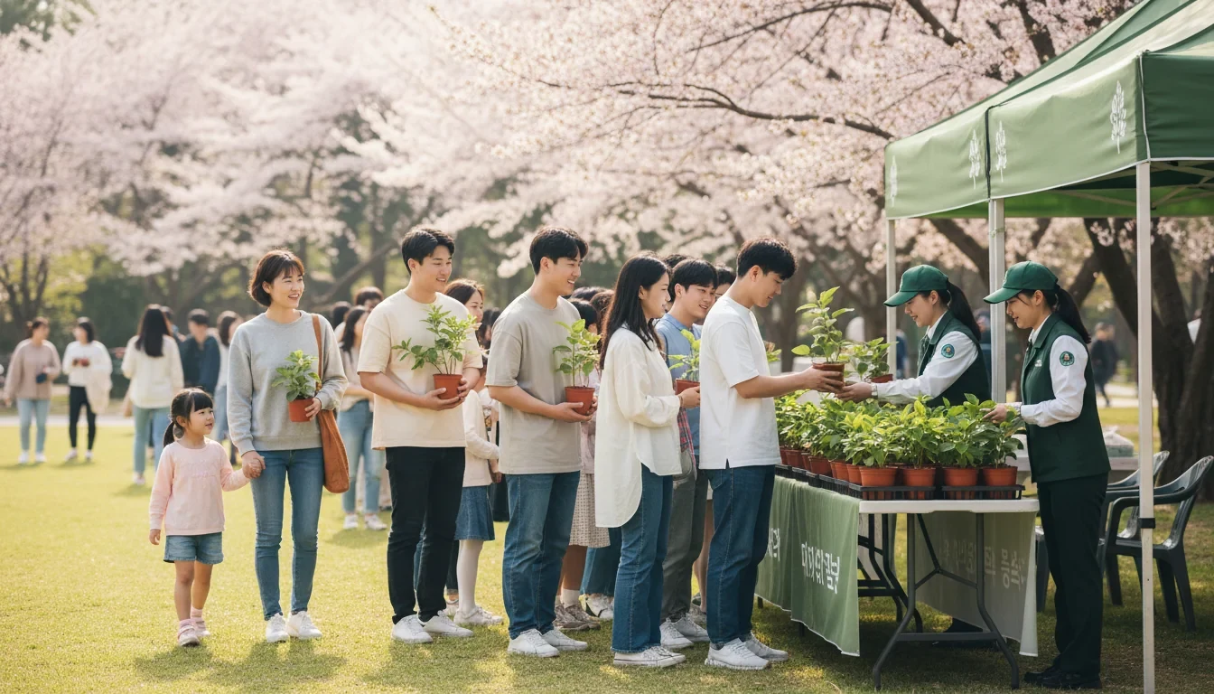 봄날 공원에서 시민들이 산림청 직원에게 묘목을 받아 들고 나무를 심는 모습
