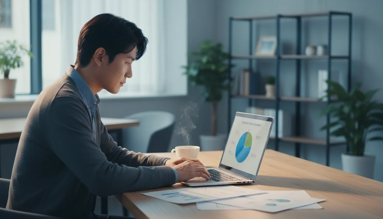 청년이 노트북 앞에서 고정 지출 항목을 점검하며 재무 상담 보고서를 확인하는 모습
