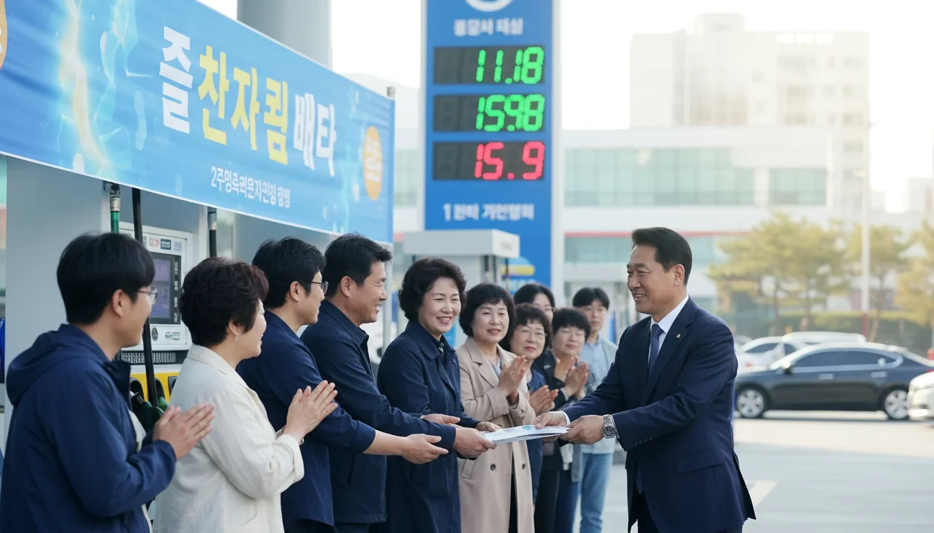 주유소 앞에서 정부 고유가 피해지원금 안내문을 확인하는 시민들의 모습