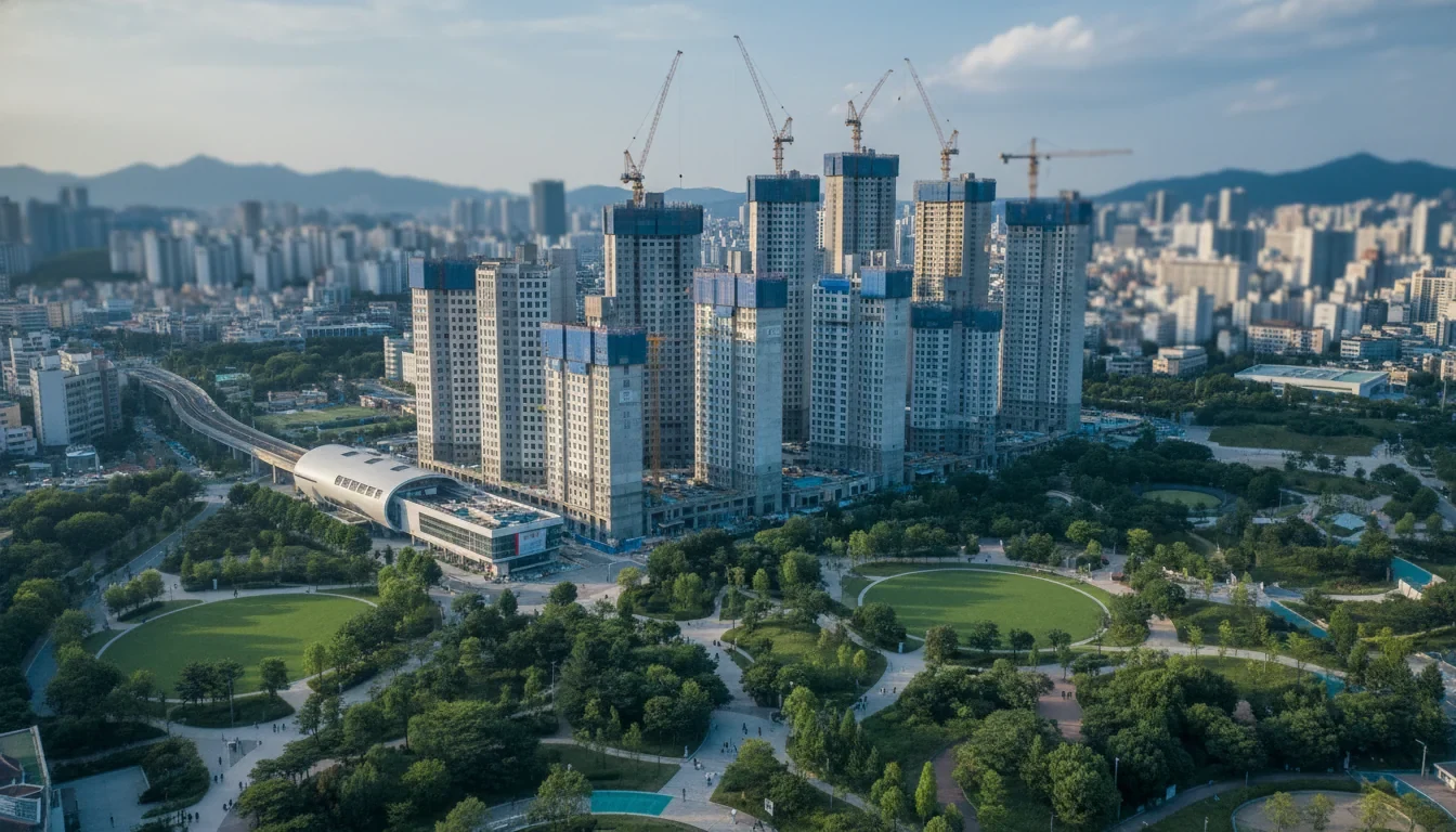 도심 역세권에 고층 공공주택 단지가 건설되고 있는 조감도 장면