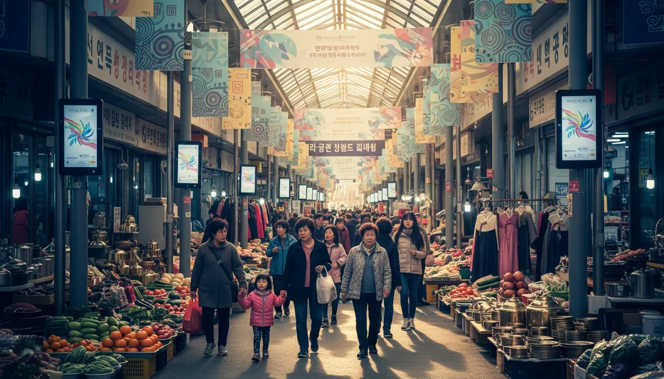 전통시장에서 디지털온누리상품권으로 결제하는 소비자와 동행축제 할인 안내 현수막이 걸린 활기찬 시장 풍경