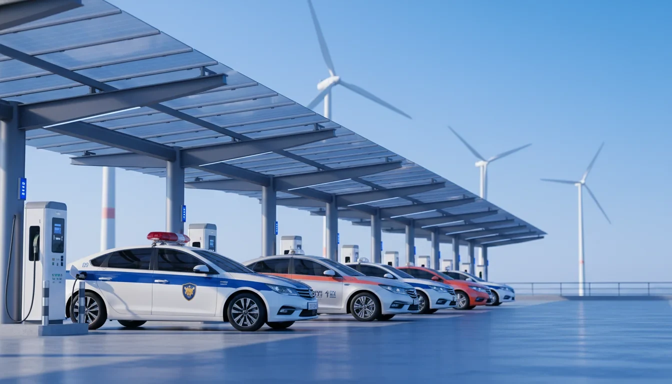 전기차 충전소에서 충전 중인 경찰차와 택시가 늘어선 모습과 배경의 태양광 패널