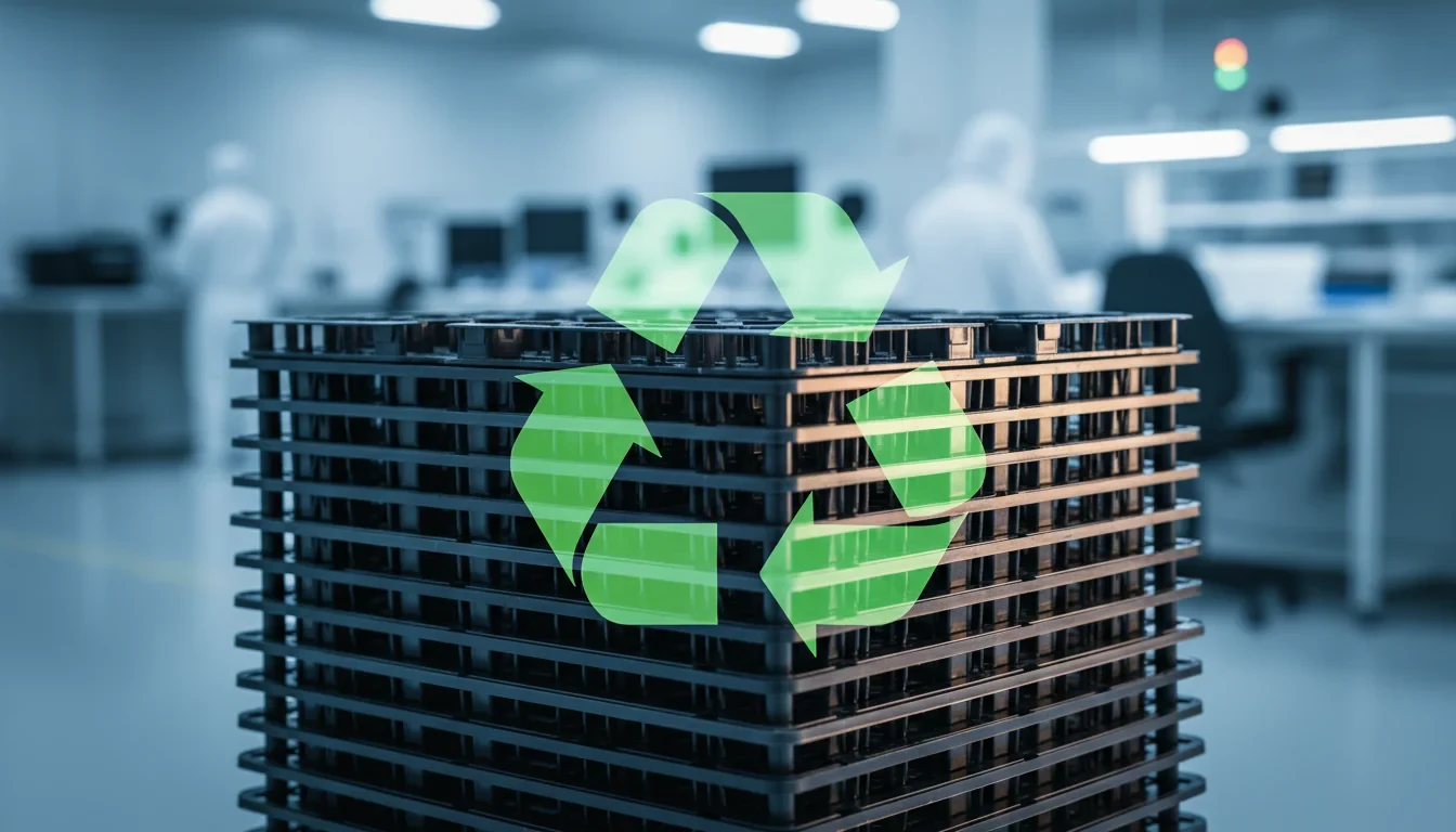 반도체 공정에서 사용된 폐아이씨 트레이가 파쇄·분쇄를 거쳐 새 IC 트레이로 재제조되는 자원순환 과정