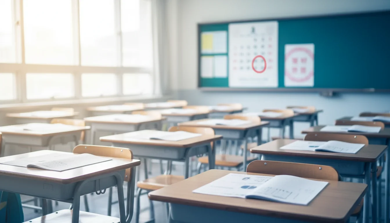 임시공휴일에 학교 교실에서 시험을 치르는 학생들과 운영위원회 심의 생략을 안내하는 공문이 놓인 교무실 풍경