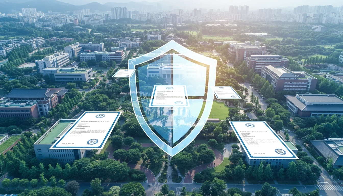 대학 캠퍼스 건물 앞에서 재정진단 서류를 검토하는 교육부 관계자들과 학생 보호 안내문이 게시된 모습