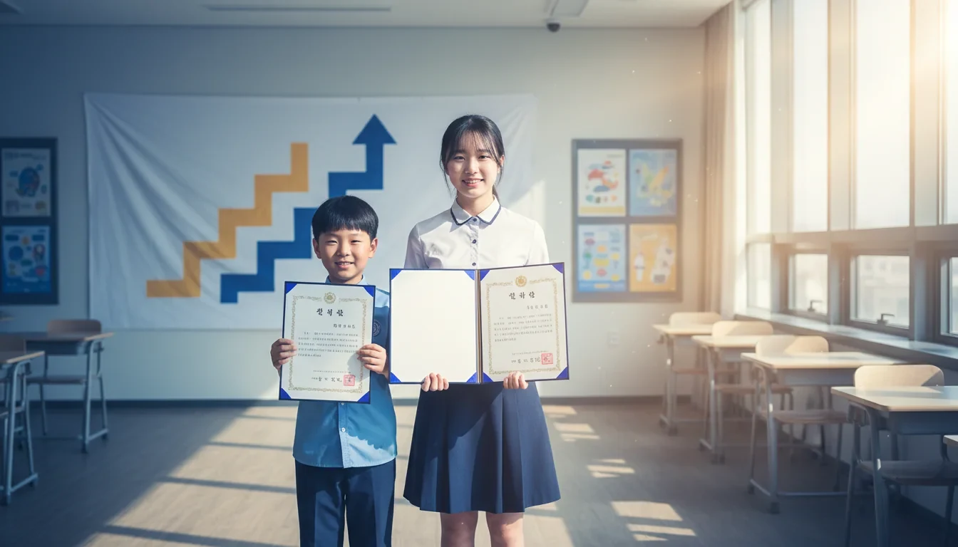 초등학생과 고등학생이 함께 장학금 신청서를 들고 밝게 웃으며 교실에서 꿈사다리 장학금 안내 현수막 앞에 서 있는 모습