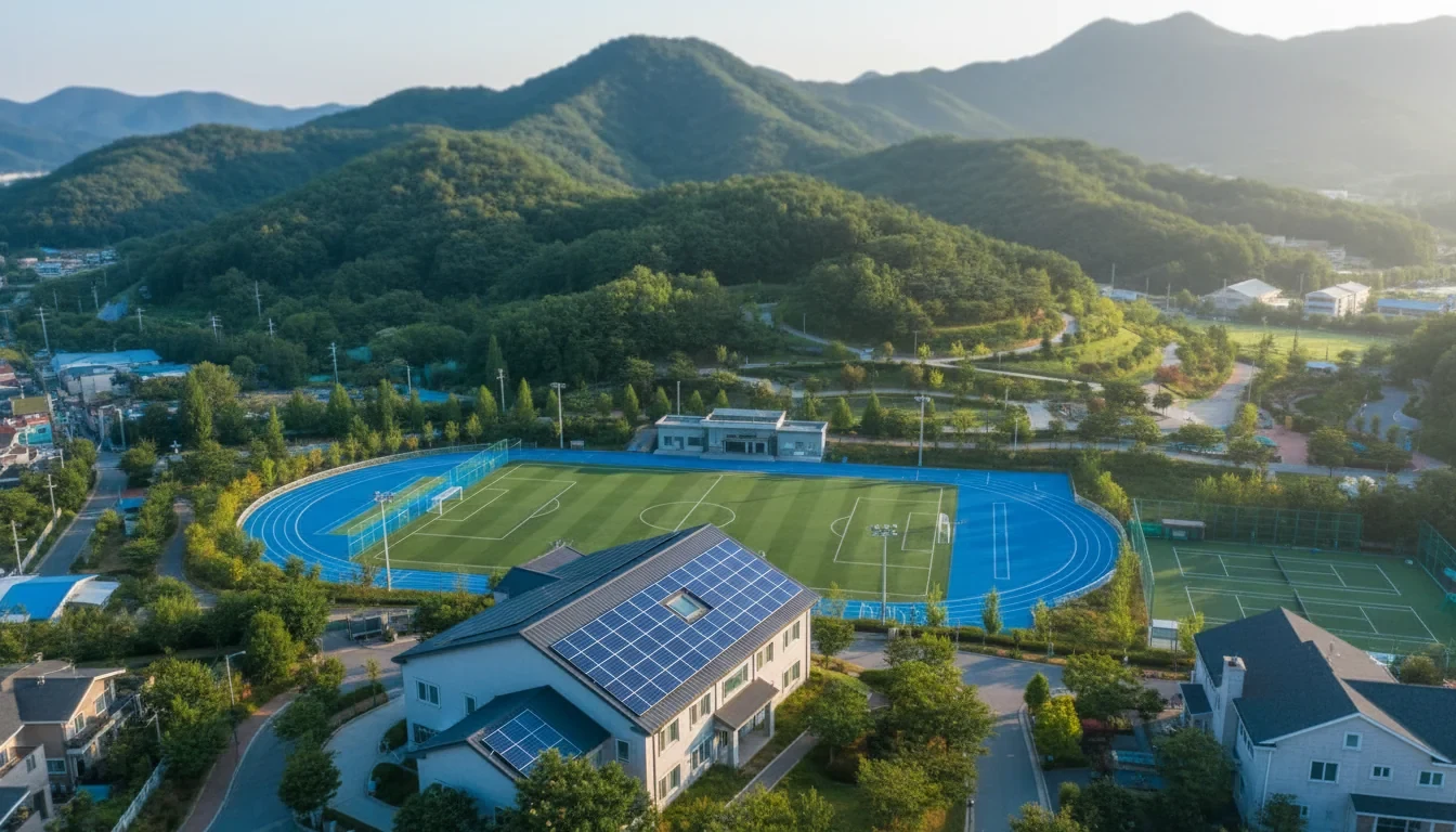 개발제한구역 내 주택 지붕에 태양광 패널이 설치되어 있고 인근에 실외체육시설이 조성된 모습